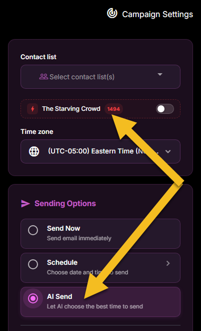 AI Send campaign settings with The Starving Crowd list